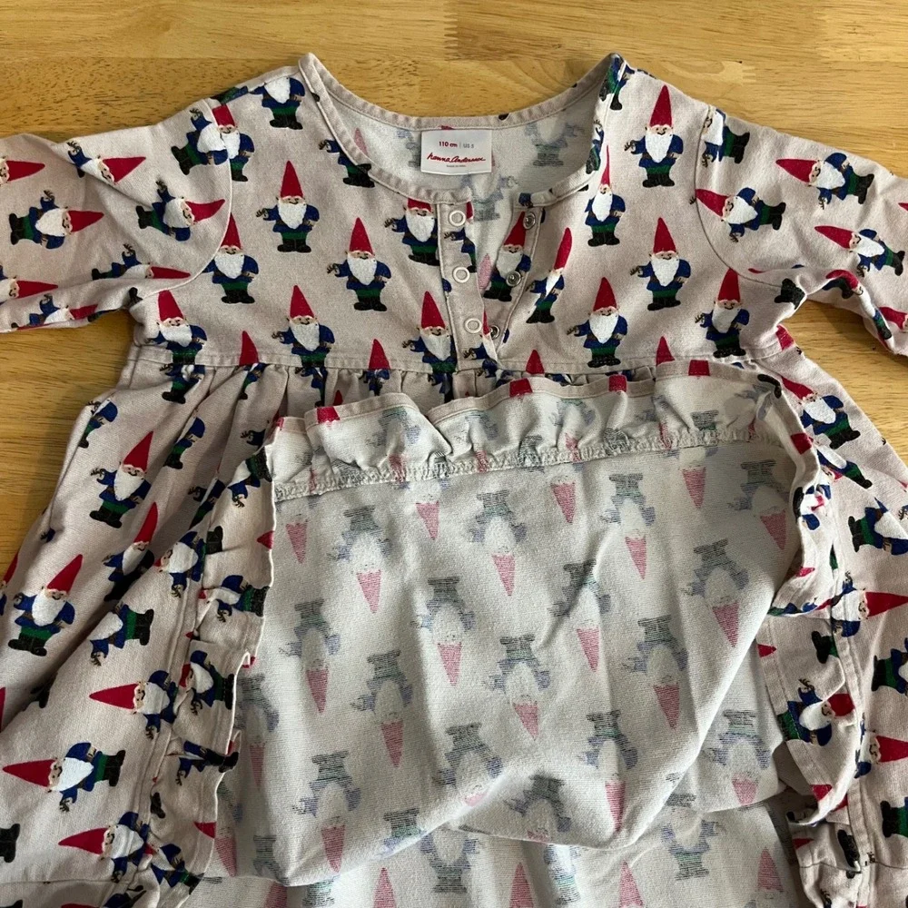 Hanna Andersson Kids Gnome Print Long Sleeve Ruffle Hem Dress Tan Size 110 US 5